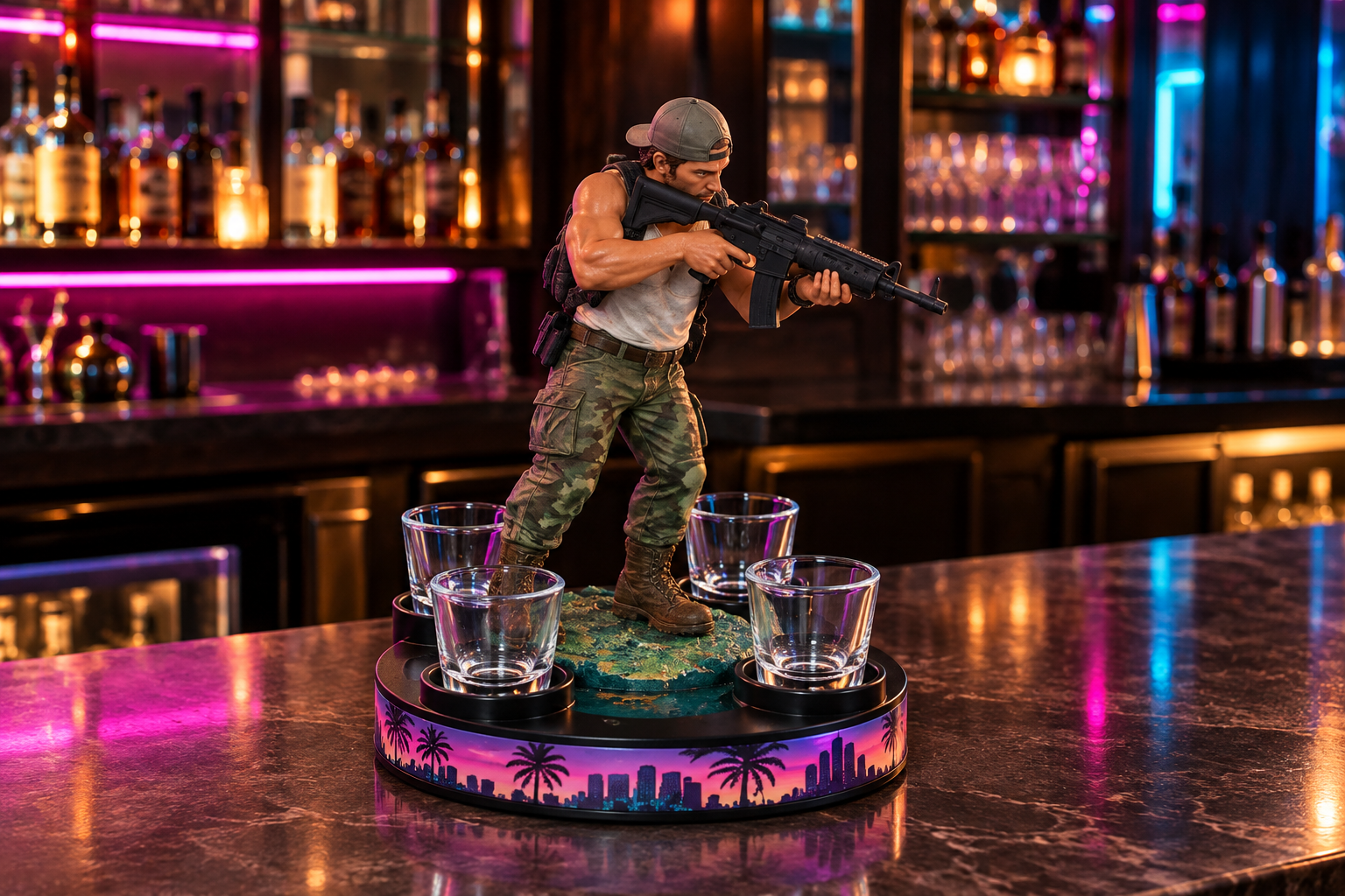 Jason collector drink dispenser with 4 glasses in a neon Vice City home bar