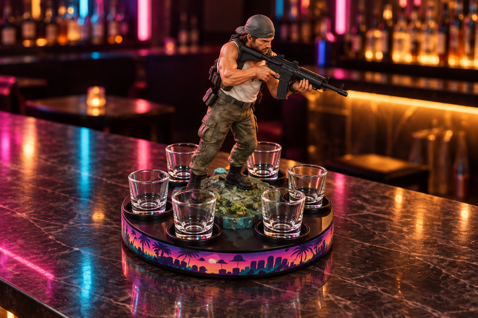 Jason collector drink dispenser with 7 glasses in a neon Vice City home bar